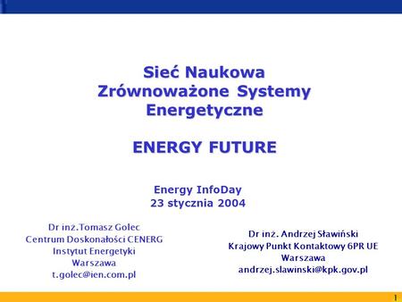 Sieć Naukowa Zrównoważone Systemy Energetyczne ENERGY FUTURE
