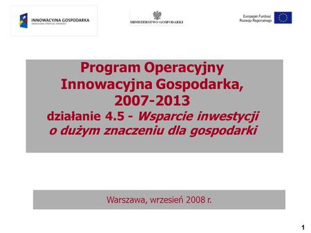 1 Program Operacyjny Innowacyjna Gospodarka, 2007-2013 działanie 4.5 - Wsparcie inwestycji o dużym znaczeniu dla gospodarki Warszawa, wrzesień 2008 r.