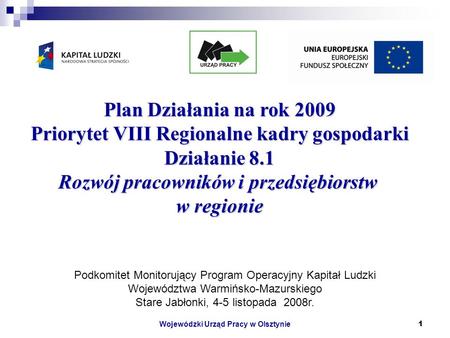 Wojewódzki Urząd Pracy w Olsztynie1 Plan Działania na rok 2009 Priorytet VIII Regionalne kadry gospodarki Działanie 8.1 Rozwój pracowników i przedsiębiorstw.