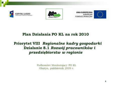 1 Podkomitet Monitorujący PO KL Olsztyn, październik 2009 r. Plan Działania PO KL na rok 2010 Priorytet VIII Regionalne kadry gospodarki Działanie 8.1.