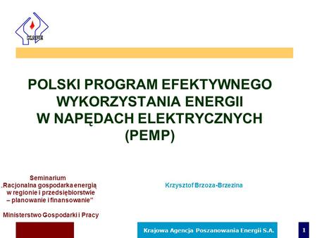 Krajowa Agencja Poszanowania Energii S.A. 30-05-2005 1 POLSKI PROGRAM EFEKTYWNEGO WYKORZYSTANIA ENERGII W NAPĘDACH ELEKTRYCZNYCH (PEMP) Seminarium Racjonalna.