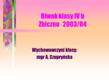 Wychowawczyni klasy: mgr A. Czupryńska Biwak klasy IV b Zbiczno 2003/04.
