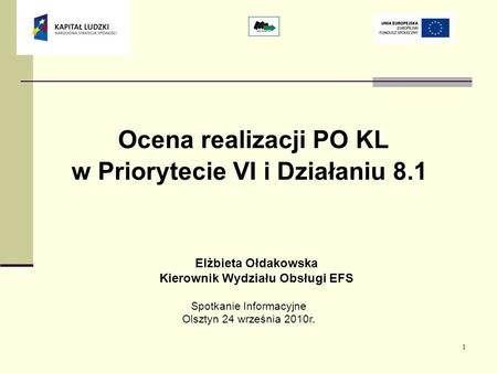 1 Ocena realizacji PO KL w Priorytecie VI i Działaniu 8.1 Elżbieta Ołdakowska Kierownik Wydziału Obsługi EFS Spotkanie Informacyjne Olsztyn 24 września.