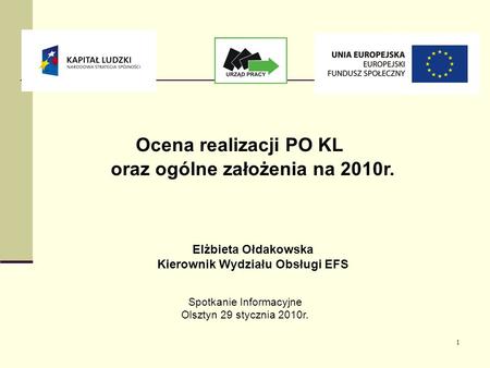1 Ocena realizacji PO KL oraz ogólne założenia na 2010r. Elżbieta Ołdakowska Kierownik Wydziału Obsługi EFS Spotkanie Informacyjne Olsztyn 29 stycznia.