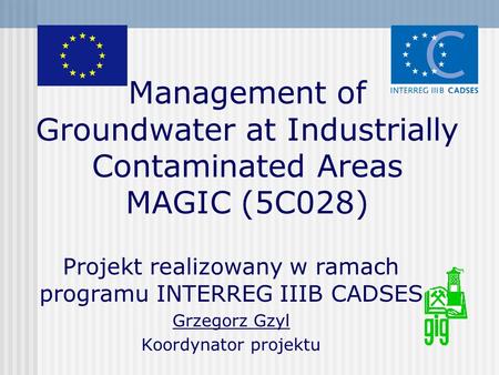Management of Groundwater at Industrially Contaminated Areas MAGIC (5C028) Projekt realizowany w ramach programu INTERREG IIIB CADSES Grzegorz Gzyl Koordynator.