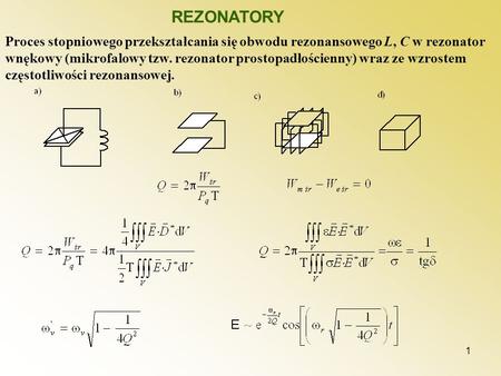 REZONATORY Proces stopniowego przekształcania się obwodu rezonansowego L, C w rezonator wnękowy (mikrofalowy tzw. rezonator prostopadłościenny) wraz ze.
