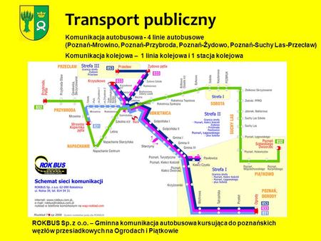 Transport publiczny Komunikacja autobusowa - 4 linie autobusowe (Poznań-Mrowino, Poznań-Przybroda, Poznań-Żydowo, Poznań-Suchy Las-Przecław) Komunikacja.