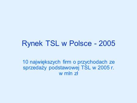 Rynek TSL w Polsce - 2005 10 największych firm o przychodach ze sprzedaży podstawowej TSL w 2005 r. w mln zł.