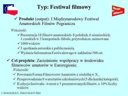 J. Krzesiński & L. Żukowski & P. Zejer Typ: Festiwal filmowy Produkt (output): I Międzynarodowy Festiwal Amatorskich Filmów Pogranicza Wskaźniki: Prezentacja.