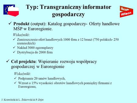 J. Krzesiński & L. Żukowski & P. Zejer Typ: Transgraniczny informator gospodarczy Produkt (output): Katalog gospodarczy- Oferty handlowe MŚP w Euroregionie.