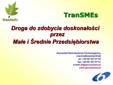 TranSMEs Droga do zdobycia doskonałości przez Małe i Średnie Przedsiębiorstwa Małe i Średnie Przedsiębiorstwa Poznański Park Naukowo-Technologiczny Joanna.