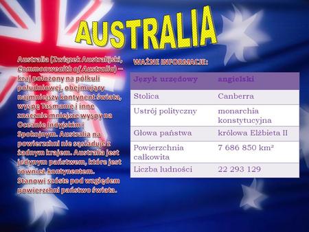 AUSTRALIA Australia (Związek Australijski, Commonwealth of Australia) – kraj położony na półkuli południowej, obejmujący najmniejszy kontynent świata,