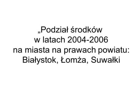 Podział środków w latach 2004-2006 na miasta na prawach powiatu: Białystok, Łomża, Suwałki.