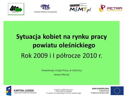 Projekt współfinansowany Przez Unię Europejską W ramach Europejskiego Funduszu Społecznego Sytuacja kobiet na rynku pracy powiatu oleśnickiego Rok 2009.