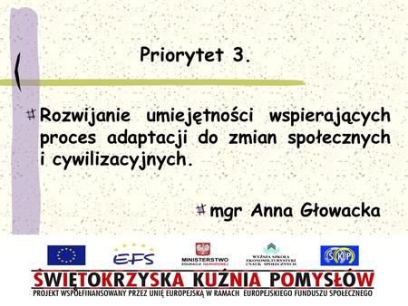 Priorytet 3. Rozwijanie umiejętności wspierających proces adaptacji do zmian społecznych i cywilizacyjnych. mgr Anna Głowacka.