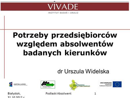 Białystok, 31.10.2012 r. 1Podlaski Absolwent Potrzeby przedsiębiorców względem absolwentów badanych kierunków dr Urszula Widelska.