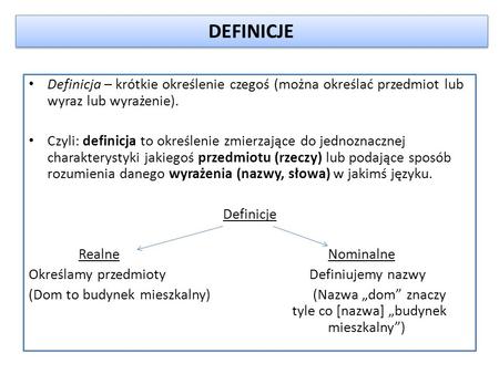 DEFINICJE Definicja – krótkie określenie czegoś (można określać przedmiot lub wyraz lub wyrażenie). Czyli: definicja to określenie zmierzające do jednoznacznej.