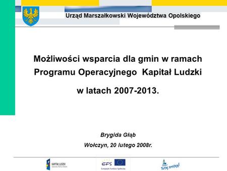 Możliwości wsparcia dla gmin w ramach Programu Operacyjnego Kapitał Ludzki w latach 2007-2013. Brygida Głąb Wołczyn, 20 lutego 2008r.