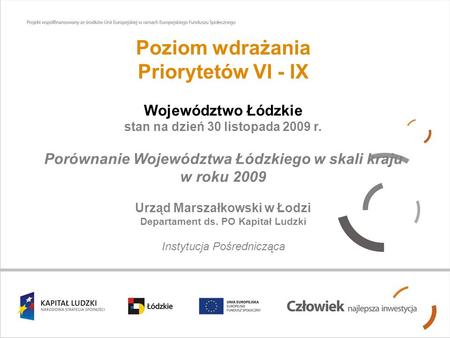 Poziom wdrażania Priorytetów VI - IX Województwo Łódzkie stan na dzień 30 listopada 2009 r. Porównanie Województwa Łódzkiego w skali kraju w roku 2009.