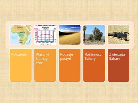 Położenie Warunki klimaty-czne Rodzaje pustyń Roślinność Sahary