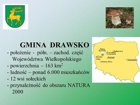 GMINA DRAWSKO - położenie - półn. – zachod. część Województwa Wielkopolskiego - powierzchnia – 163 km2 - ludność – ponad 6.000 mieszkańców - 12 wsi sołeckich.