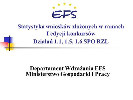 Statystyka wniosków złożonych w ramach I edycji konkursów Działań 1.1, 1.5, 1.6 SPO RZL Departament Wdrażania EFS Ministerstwo Gospodarki i Pracy.