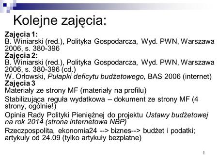 Kolejne zajęcia: Zajęcia 1: B. Winiarski (red.), Polityka Gospodarcza, Wyd. PWN, Warszawa 2006, s. 380-396 Zajęcia 2: B. Winiarski (red.), Polityka Gospodarcza,