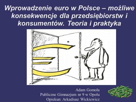 Wprowadzenie euro w Polsce – możliwe konsekwencje dla przedsiębiorstw i konsumentów. Teoria i praktyka Adam Gomoła Publiczne Gimnazjum nr 9 w Opolu Opiekun: