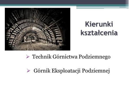 Kierunki kształcenia  Technik Górnictwa Podziemnego  Górnik Eksploatacji Podziemnej.