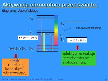 Wojciech Gawlik, Metody Opt. w Bio-Med, Biofizyka 2011/12 - wykł. 2 1/13 S0 S0 S0 S0 S1S1S1S1 S2S2S2S2 T1T1T1T1 T2T2T2T2   10 –10 – 10 –8 s   10 –6.