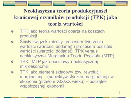 TPK jako teoria wartości oparta na kosztach produkcji