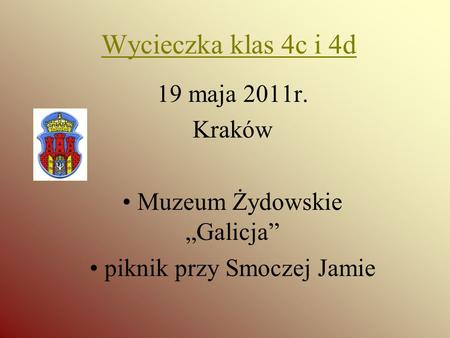 Wycieczka klas 4c i 4d 19 maja 2011r. Kraków Muzeum Żydowskie Galicja piknik przy Smoczej Jamie.