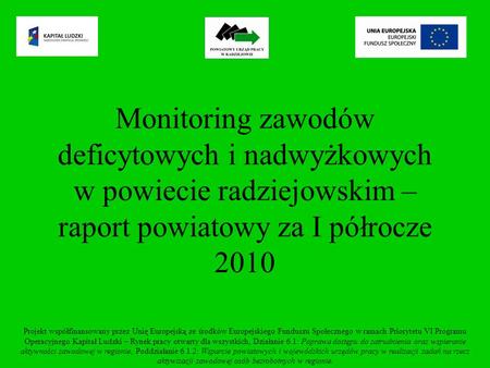 Monitoring zawodów deficytowych i nadwyżkowych w powiecie radziejowskim – raport powiatowy za I półrocze 2010 Projekt współfinansowany przez Unię Europejską