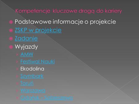 Podstawowe informacje o projekcie ZSKP w projekcie Zadanie Wyjazdy AMW Festiwal Nauki Ekodolina Szymbark Toruń Warszawa Gdańsk – Sobieszewo.