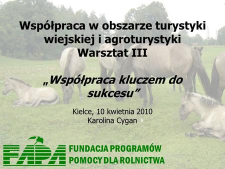 FUNDACJA PROGRAMÓW POMOCY DLA ROLNICTWA Współpraca w obszarze turystyki wiejskiej i agroturystyki Warsztat IIIWspółpraca kluczem do sukcesu Kielce, 10.