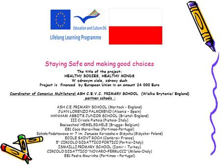 Staying Safe and making good choices The title of the project: HEALTHY BODIES, HEALTHY MINDS W zdrowym ciele, zdrowy duch Project is financed by European.