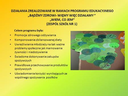 DZIAŁANIA ZREALIZOWANE W RAMACH PROGRAMU EDUKACYJNEGO „BĄDŹMY ZDROWI- WIĘMY WIĘC DZIAŁAMY ” „WIEM, CO JEM” (ZESPÓŁ SZKÓŁ NR 1) Celem programu była: