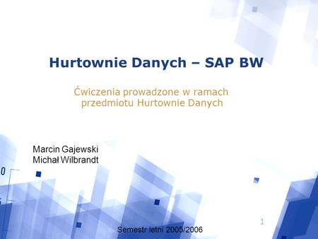 1 Hurtownie Danych – SAP BW Ćwiczenia prowadzone w ramach przedmiotu Hurtownie Danych Semestr letni 2005/2006 Marcin Gajewski Michał Wilbrandt.