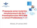 Olsztyn, 27 czerwca 2012 Propozycja zmian kryteriów merytorycznych dla Osi I Przedsiębiorczość RPO WiM w ramach Poddziałania 1.1.7.