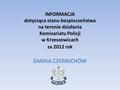 INFORMACJA dotycząca stanu bezpieczeństwa na terenie działania Komisariatu Policji w Krzeszowicach za 2012 rok GMINA CZERNICHÓW.