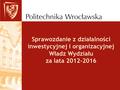 Sprawozdanie z działalności inwestycyjnej i organizacyjnej Władz Wydziału za lata 2012-2016.