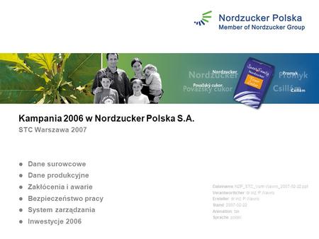 Kampania 2006 w Nordzucker Polska S.A. STC Warszawa 2007 Dateiname: NZP_STC_Vortr-Wawro_2007-02-22.ppt Verantwortlicher: dr inż. P.Wawro Ersteller: dr.