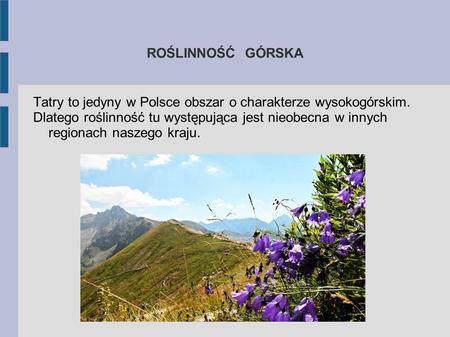 ROŚLINNOŚĆ GÓRSKA Tatry to jedyny w Polsce obszar o charakterze wysokogórskim. Dlatego roślinność tu występująca jest nieobecna w innych regionach naszego.