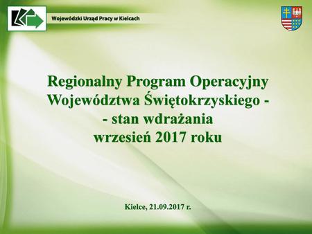 Regionalny Program Operacyjny Województwa Świętokrzyskiego - - stan wdrażania wrzesień 2017 roku Kielce, 21.09.2017 r.