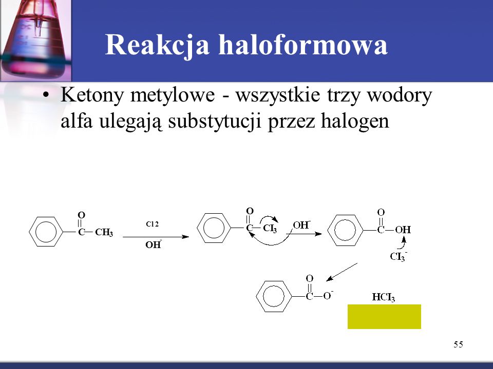 Reakcja haloformowa Ketony metylowe - wszystkie trzy wodory alfa ulegają substytucji przez halogen.