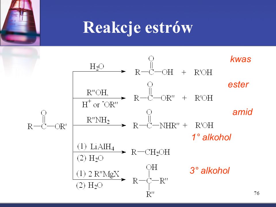 Reakcje estrów kwas ester amid 1° alkohol 3° alkohol