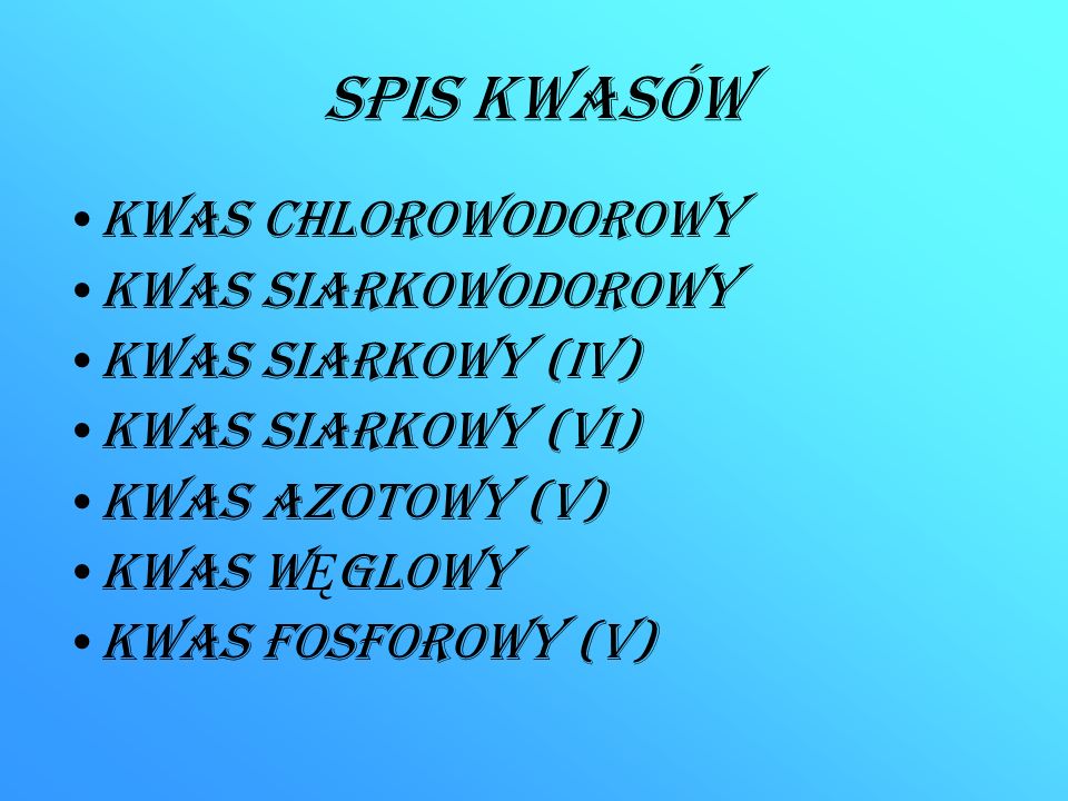 Spis kwasów Kwas chlorowodorowy Kwas siarkowodorowy Kwas siarkowy (IV)