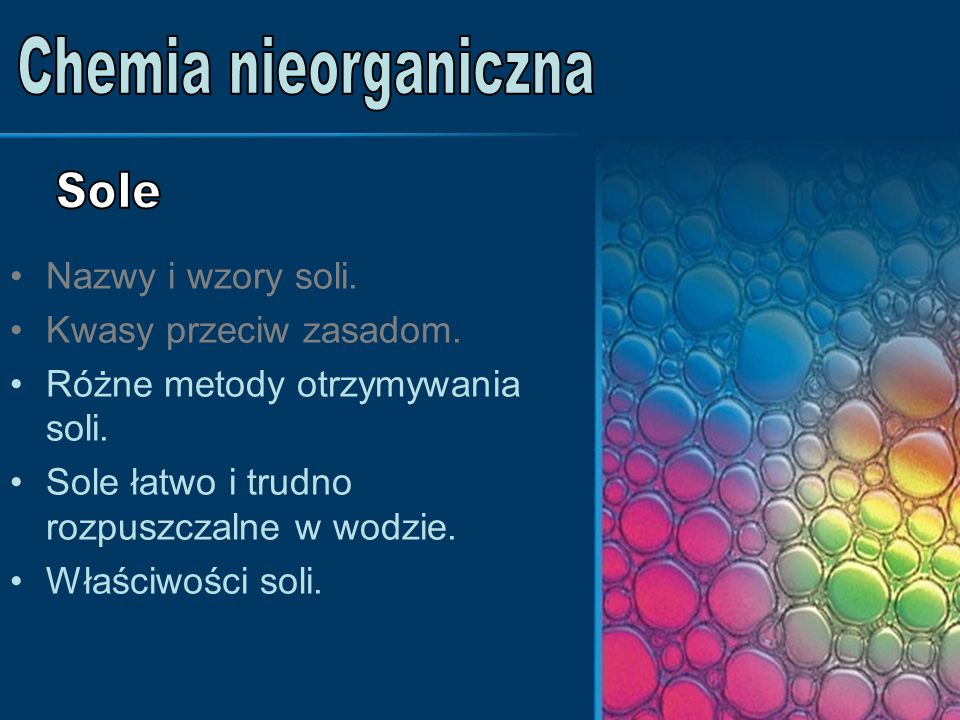Chemia nieorganiczna Sole Nazwy i wzory soli. Kwasy przeciw zasadom.