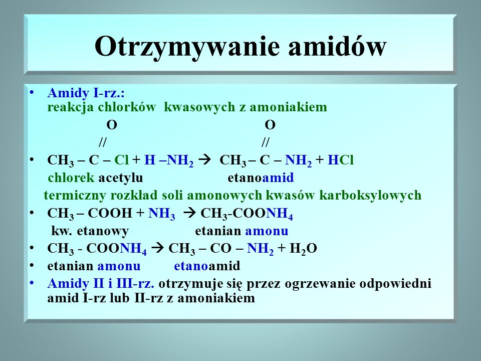 Otrzymywanie amidów Amidy I-rz.: reakcja chlorków kwasowych z amoniakiem. O O.