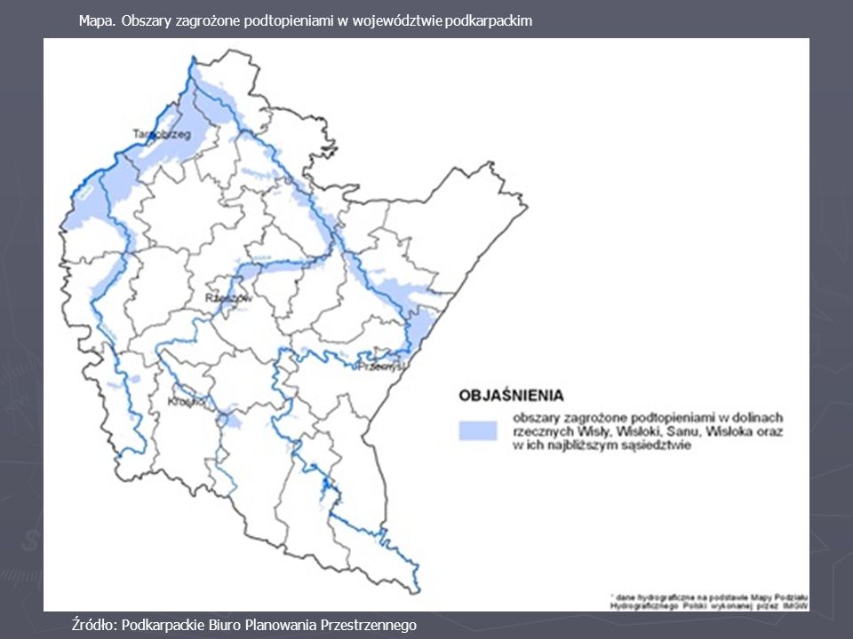 Mapa. Obszary zagrożone podtopieniami w województwie podkarpackim